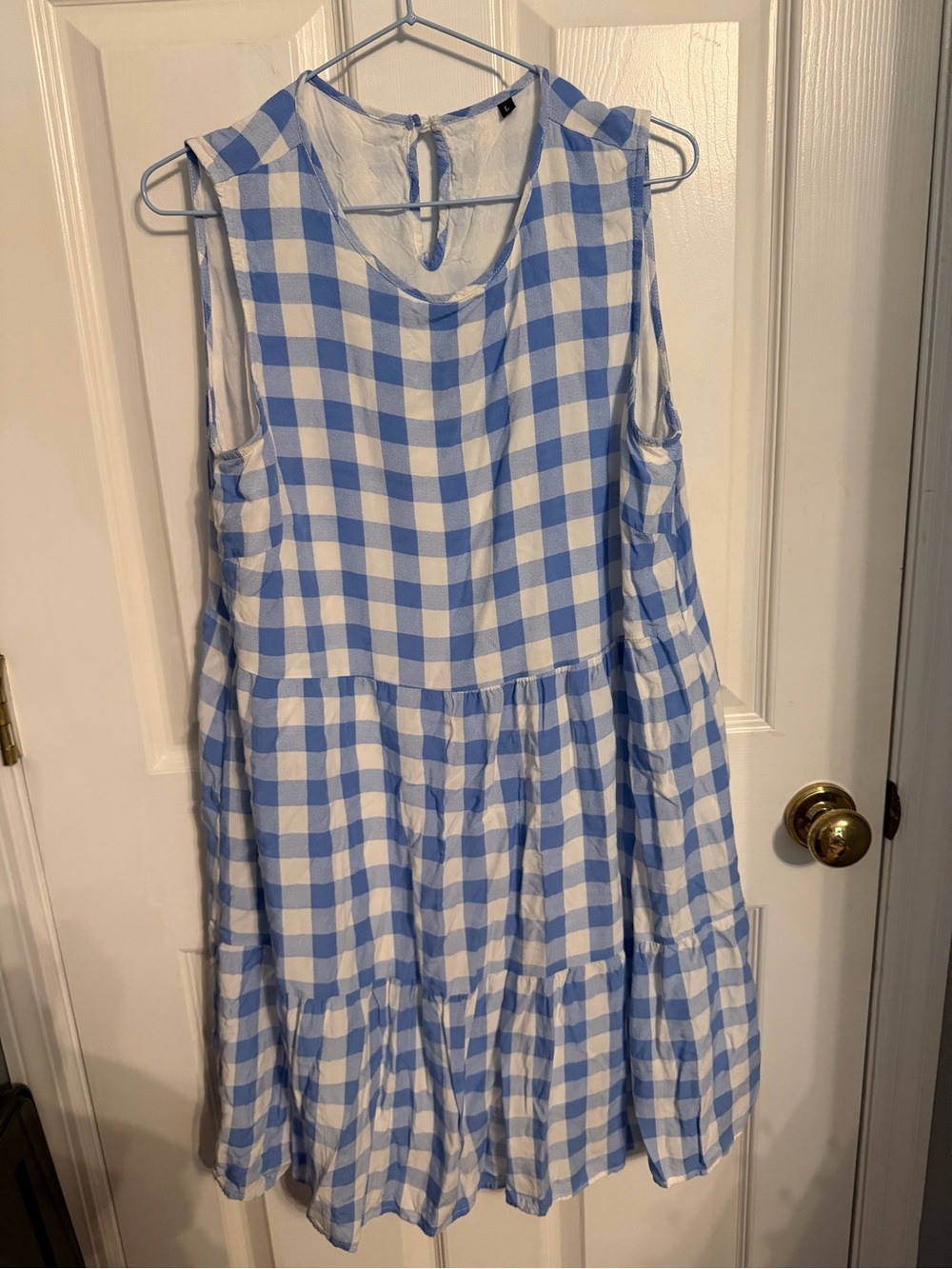 Blue and White Gingham Tiered sleeveless Dress, Size L